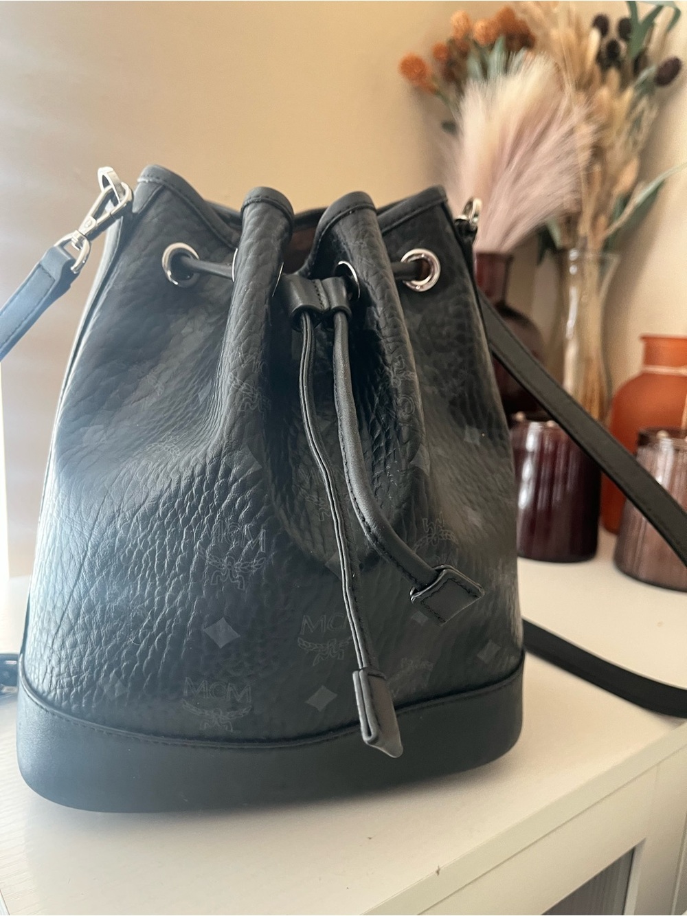 MCM Black Leather Monogram Drawstring Bucket Bag